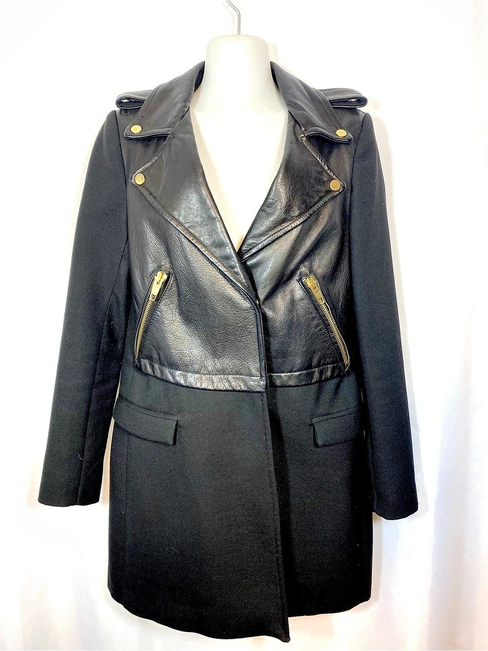 ZARA Black Genuine Leather Hybrid Biker Mid Length Wool Blend Coat